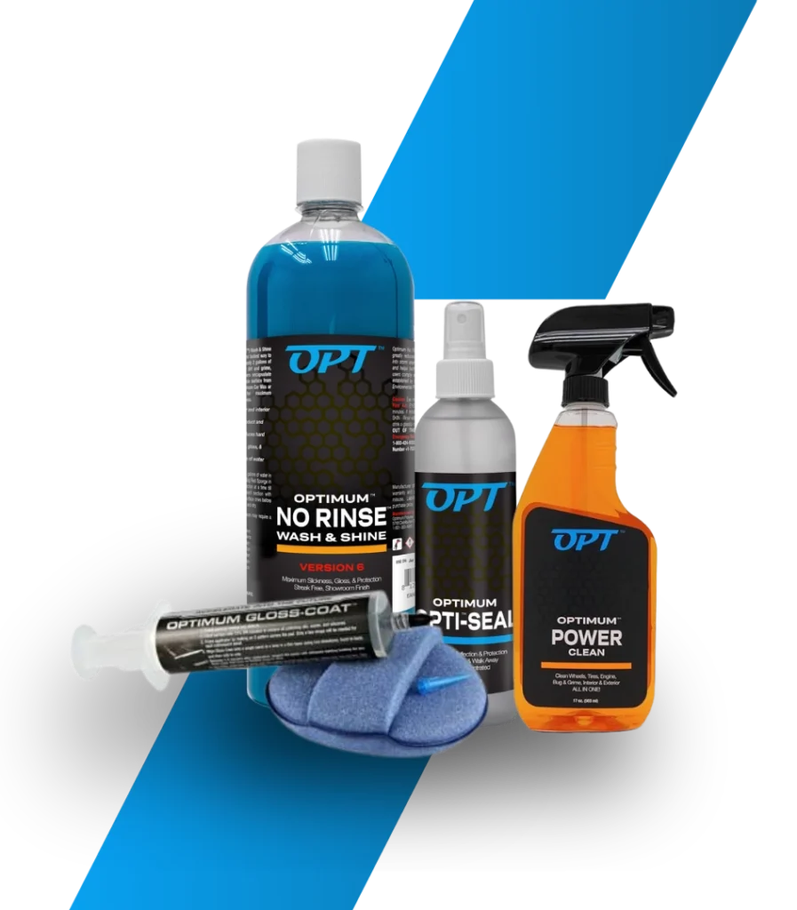 Produkty Car Optimum do czyszczenia samochodu: trzy butelki chemii samochodowej i strzykawka z gąbką, pokazane na grafice.”